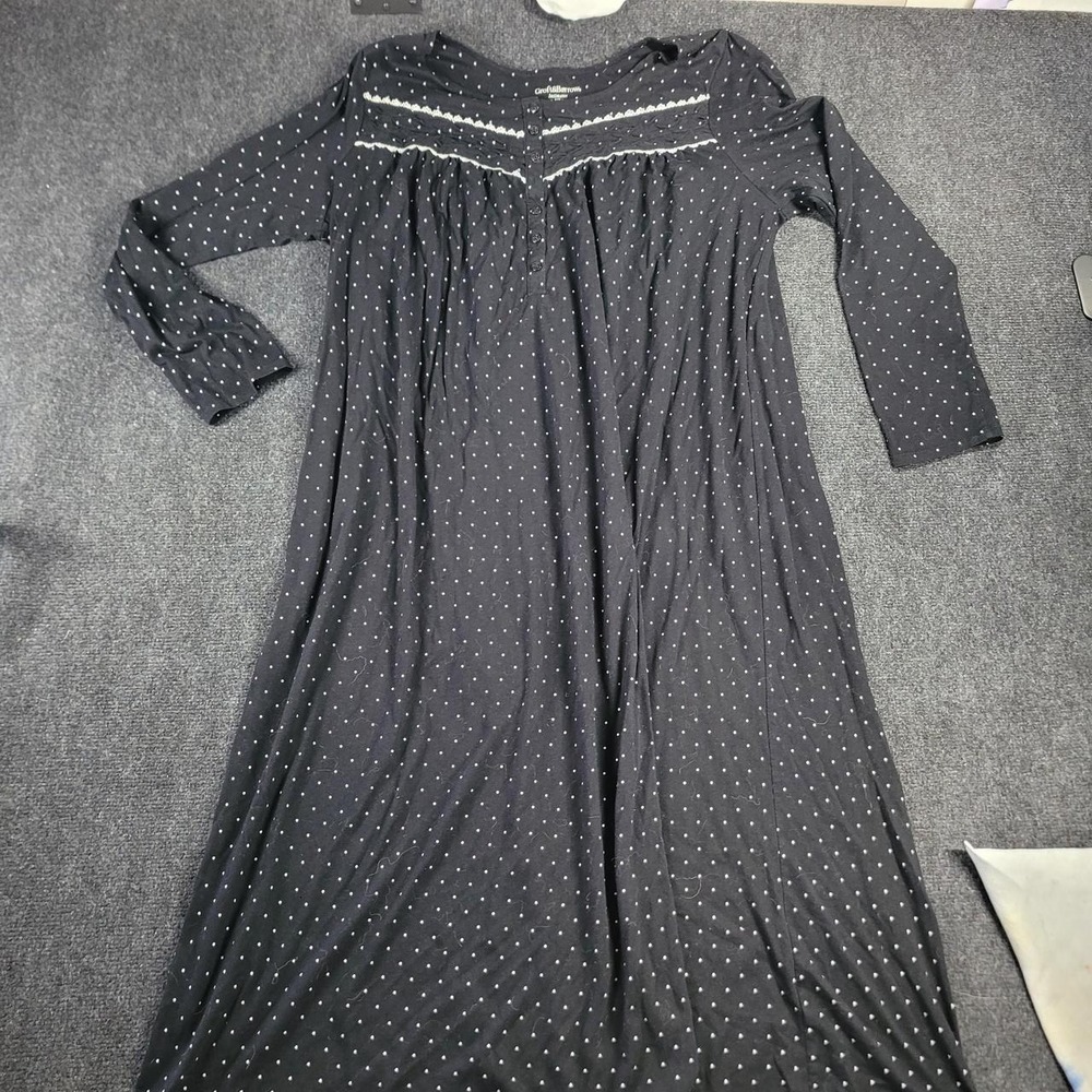 Croft & Barrow Black White Polka Dot Lace Trim Nightgown XL Long Sleeve Sleep